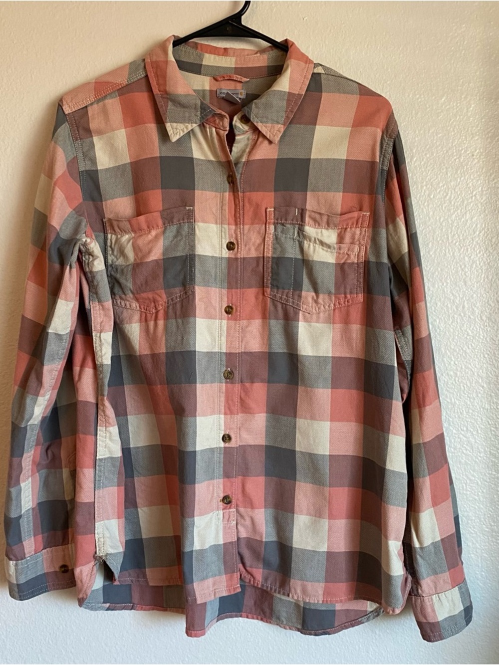Carhartt Fairview Plaid Button Up Shirt Peach  Orange Gray Roll Tab Sleeve Large